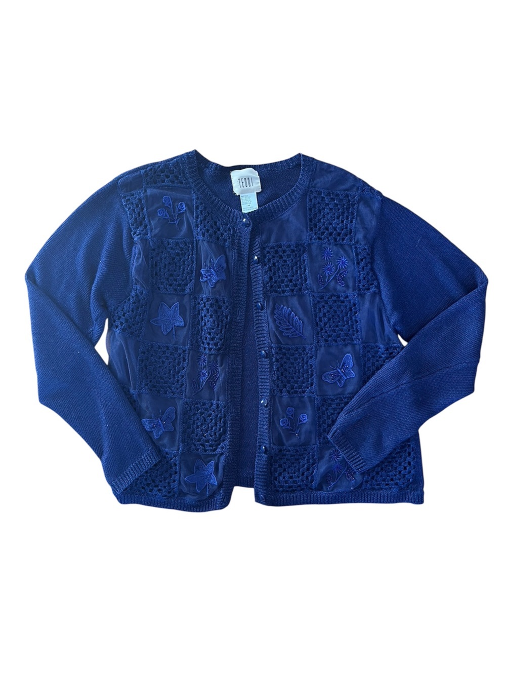 Vintage TEDDI Cute Embroidered Granny Patch Royal Blue Ramie Button Up Cardigan